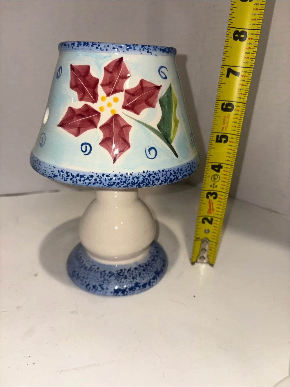 Hand-Painted Floral Ceramic Candle Holder- Blue and Red- Christmas